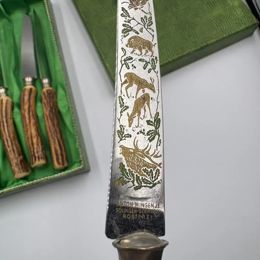 Vintage Anton Wingen Jr. Solingen Carving Steak Knives Stag Horn Handles Steel